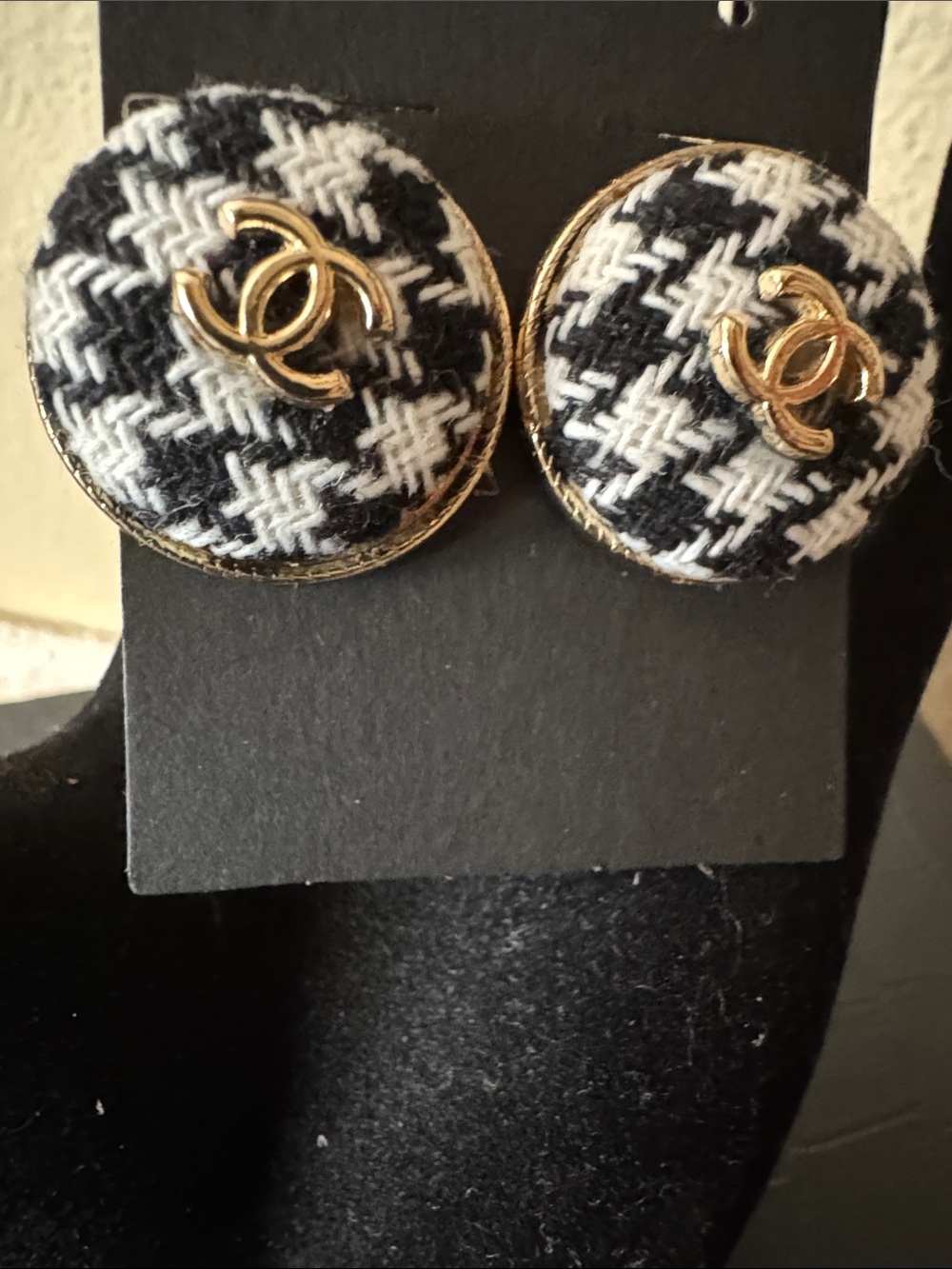 CC Round White & Black Cloth Button Earrings